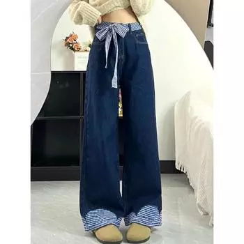 Женские джинсы в клетку с завязками-бабочками, летние прямые брюки с высокой талией, свободные повседневные брюки с широкими штанинами и множеством карманов S