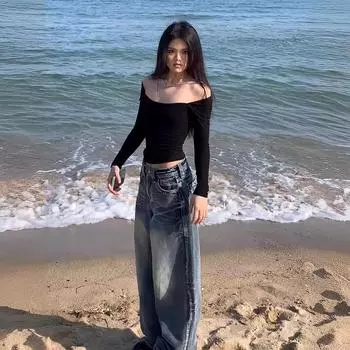 Женские джинсы в стиле casual, винтажные, с высокой талией, свободные синие брюки, женские, Y2K, широкие, мешковатые, брюки из денима Harajuku XXXXL синий