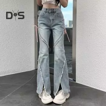 Женские джинсы в стиле хип-хоп, рваные, с разрезом, расклешенный подол, декор с ремешком, сплошной цвет, высокая талия, пуговицы, застежка-молния, лоскутное шитье, уличная одежда, длинные брюки XL светло-синий