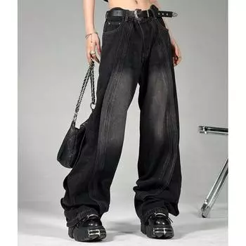 Женские джинсы в стиле ретро с широкими штанинами: Состаренный грязно-желтый, деконструированный уличный стиль L синий/глубокий