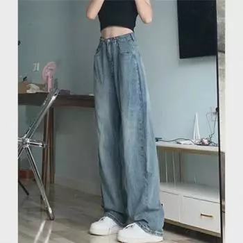 Женские джинсы в стиле ретро с высокой талией и широкими штанинами — осенний тонкий фасон, свободный крой, брюки длиной до пола M