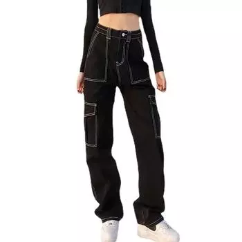 Женские джинсы, весенние прямые брюки, женские джинсовые брюки с высокой талией и широкими штанинами S чёрный