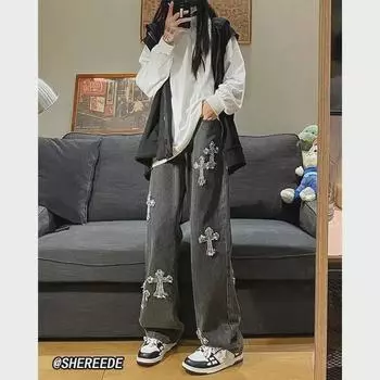 Женские джинсы весна/лето 2023 с широкими штанинами и перекрестным дизайном: Новые модные свободные брюки длиной до пола S синий