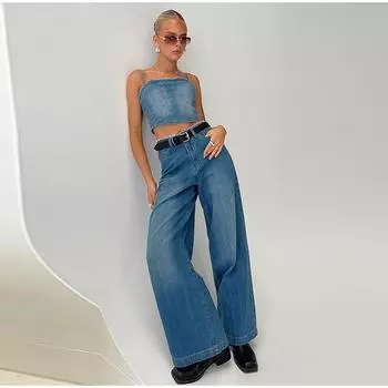 Женские джинсы весна-лето 2025 года с карманами, модные, свободные, повседневные, однотонные, с высокой талией, широкие, джинсовые брюки, винтажная уличная одежда S синий