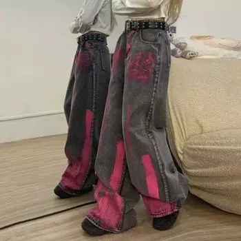 Женские джинсы винтажные розовые граффити широкие свободные контрастные цветные джинсовые брюки S серый