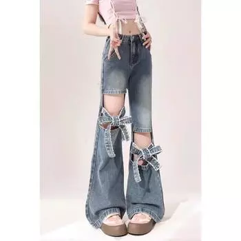 Женские джинсы Y2k Bow Jeans Baggy Harajuku Trashy Hollow Out Oversize Denim Брюки Эстетические джинсовые брюки Винтажная одежда S синий