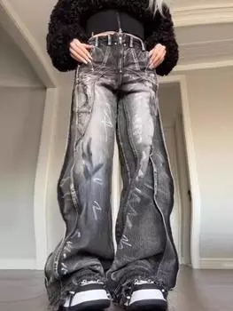 Женские джинсы Y2k Graffiti, мешковатые, эстетичные, винтажные, большие, ковбойские брюки, уличная одежда Harajuku 2000-х, дрянные, джинсовые брюки 2024 S чёрный