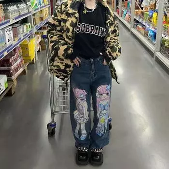 Женские джинсы y2k, прямые джинсовые брюки с принтом для девочек #street harajuku e-girl, сказочные повседневные брюки в стиле гранж, готика 2000-х годов S синий