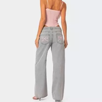 Женские джинсы Yousheng с высокой талией, широкие штанины, вышитый бант, однотонные, свободные карманы, застежка на молнию и пуговицу, прямые, длинные, джинсовые брюки M светло-синий