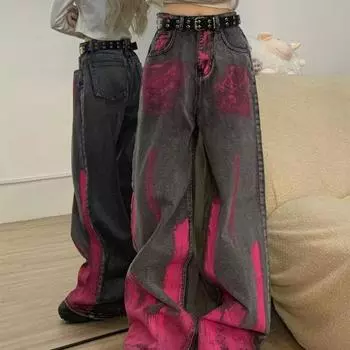 Женские джинсы Yousheng, винтажные розовые граффити, широкие свободные брюки контрастного цвета из денима, застежка-молния на пуговицы, прямые брюки в стиле хип-хоп S серый
