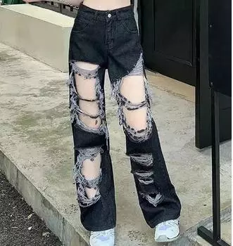 Женские джинсы, застежка-молния, широкие пуговицы, передние карманы с высоким поясом, неэластичные женские рваные свободные джинсы, летняя одежда XS чёрный