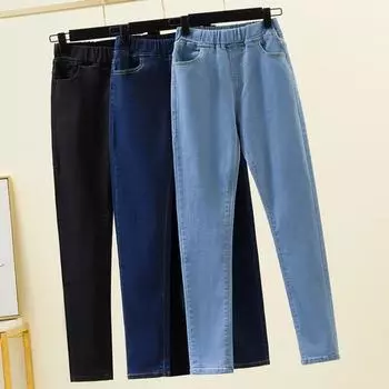 Женские джинсы, женские эластичные базовые синие брюки с высокой талией, джинсовые брюки больших размеров 5XL темно-синий
