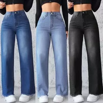 Женские джинсы женские широкие прямые брюки полной длины длинные джинсовые брюки pantalones de mujer S чёрный
