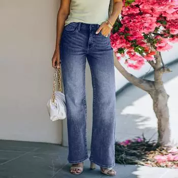 Женские джинсы Женские стираные брюки с высокой талией и широкими штанинами M синий