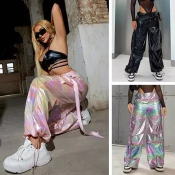 Женские джоггеры Y2K голографические розовые с клапаном и карманом сбоку на тесьме, широкие брюки-карго с парашютом, повседневные свободные брюки, праздничный наряд XS розовый