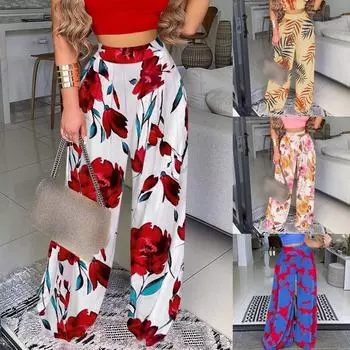 Женские европейские и американские модные повседневные широкие брюки с высокой талией и цветочным принтом больших размеров XL хаки
