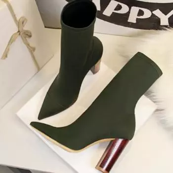 Женские европейские и американские модные простые эластичные тонкие короткие ботинки на толстом каблуке и высоком каблуке 43 чёрный