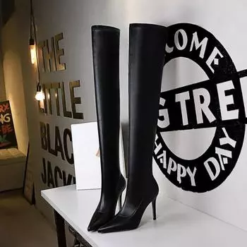 Женские европейские и американские модные простые зимние узкие сапоги до колена на высоком тонком каблуке и заостренном каблуке 43 чёрный