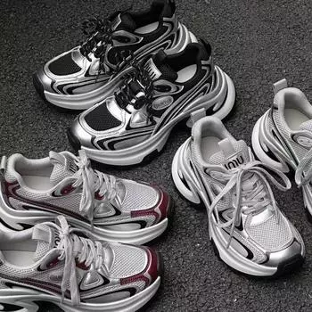 «Женские европейские серебристые кроссовки для пап на толстой подошве 2024 года, увеличивающие рост — дышащие, модные и универсальные» 37 красный