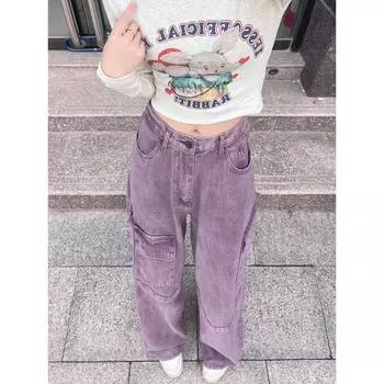 Женские фиолетовые джинсовые брюки с карманами и карманами-карго, стильные свободные прямые джинсовые брюки Y2k, уличная мода, повседневная одежда S фиолетовый
