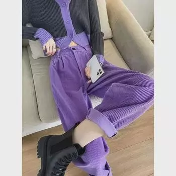 Женские фиолетовые вельветовые брюки с бархатной подкладкой и ботинки Martin — облегающие, прямого кроя, для зимы L for 110-125 jin