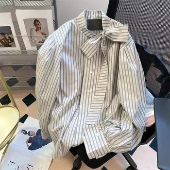Женские французские полосатые рубашки с бантом, осенние новые свободные рубашки, модные шикарные длинные рукава для женщин S бежевый
