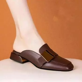 Женские французские ретро мюли с квадратным носком и средним каблуком - Летние лоферы в британском стиле с закрытым носком Size 40 коричневый