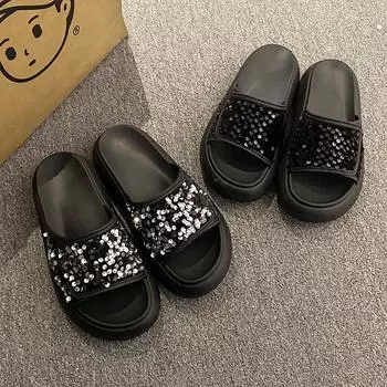 Женские французские сандалии из ЭВА с пайетками 2025 года: Толстая подошва, мягкая, нескользящая, для летней одежды на открытом воздухе 38-39 (Size runs small)