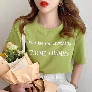 Женские футболки 2024 Лето повседневные свободные Упрощенные буквы Женская футболка корейский стиль зеленый фиолетовый y2k Топы готическая футболка Harajuku Одежда уличная одежда M чёрный