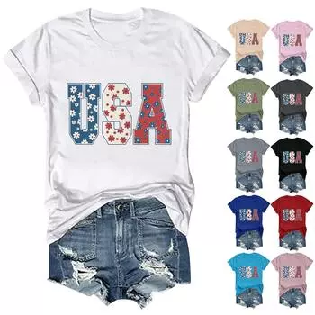 Женские футболки «4 июля» с американским флагом США, патриотические повседневные футболки с короткими рукавами и милыми графическими блузками, топы L бежевый