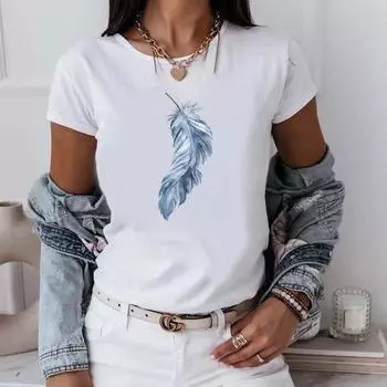 Женские футболки Белые топы Harajuku Летние футболки с круглым вырезом и короткими рукавами с принтом перьев Уличная спортивная дышащая рубашка Топы для поездок на работу XS