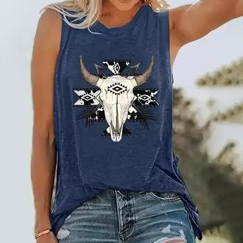 Женские футболки без рукавов и футболки с принтом тотема и черепа коровы, повседневный жилет, уличный стиль, майки с круглым вырезом, летняя женская одежда S