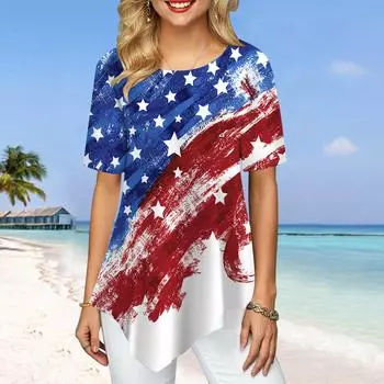 Женские футболки больших размеров, красные и синие звезды с принтом, свободные повседневные топы, женская нерегулярная летняя одежда XS синий