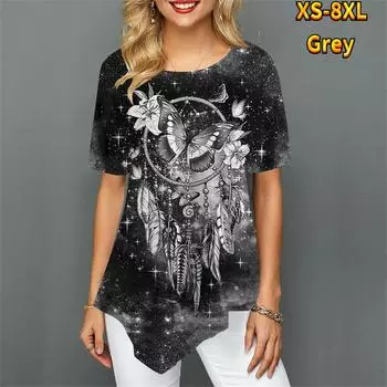 Женские футболки больших размеров с бабочкой «Ловец снов» с 3D принтом, свободные повседневные топы, женская нерегулярная летняя одежда для девочек S