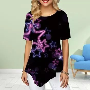 Женские футболки больших размеров с цветочным принтом и пятиконечной звездой, свободные повседневные топы, женская нестандартная летняя одежда XS фиолетовый