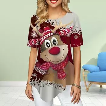 Женские футболки больших размеров с цветочным принтом лося и оленя, свободные повседневные топы, женская нестандартная летняя одежда XS красный