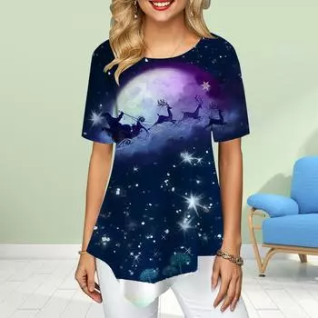 Женские футболки больших размеров с цветочным принтом Санта-Клауса, свободные повседневные топы, женская нестандартная летняя одежда XS синий