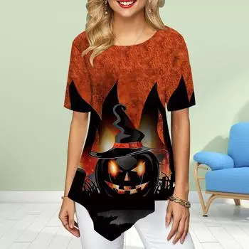 Женские футболки больших размеров с цветочным принтом и принтом тыквы «Демон», свободные повседневные топы, женская нестандартная летняя одежда XS жёлтый