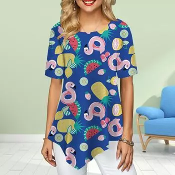 Женские футболки больших размеров с цветочным принтом и фруктами, свободные повседневные топы, женская нестандартная летняя одежда XS синий