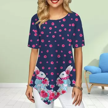 Женские футболки больших размеров с цветочным принтом и принтом длинноухого кролика, свободные повседневные топы, женская нестандартная летняя одежда XS розовый