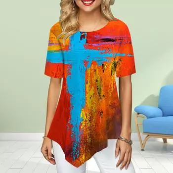 Женские футболки больших размеров с цветочным принтом и крестом, свободные повседневные топы, женская нестандартная летняя одежда XS синий