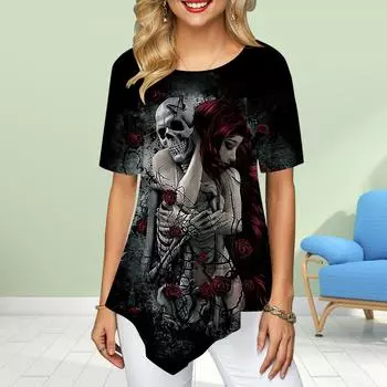 Женские футболки больших размеров с цветочным принтом и изображением скелета человека, свободные повседневные топы, женская нестандартная летняя одежда XS розовый