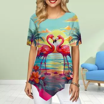 Женские футболки больших размеров с цветочным принтом и принтом красного журавля, свободные повседневные топы, женская нестандартная летняя одежда XS синий