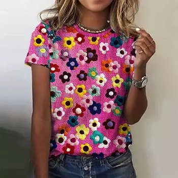 Женские футболки больших размеров с цветочным принтом, короткий свитер с рукавами, повседневный стиль, футболка с круглым вырезом, женская повседневная одежда XXS
