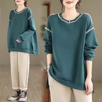 Женские футболки больших размеров с длинным рукавом, новые осенние повседневные однотонные топы с круглым вырезом, футболки, свободные пуловеры M зелёный