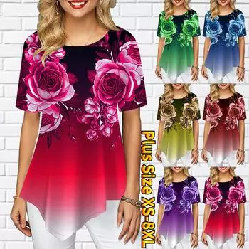Женские футболки больших размеров с двумя букетами роз и принтом, свободные повседневные топы, женская нерегулярная летняя одежда XS синий