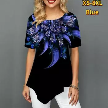 Женские футболки больших размеров с фейерверком и ожерельем с принтом, свободные повседневные топы, женская нерегулярная летняя одежда XS синий