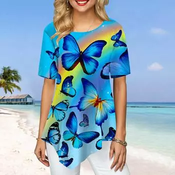Женские футболки больших размеров с фиолетовым сверкающим принтом бабочки, свободные повседневные топы, женская нерегулярная летняя одежда XS синий
