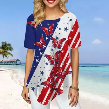 Женские футболки больших размеров с красным принтом бабочки, свободные повседневные топы, женская нерегулярная летняя одежда XS синий