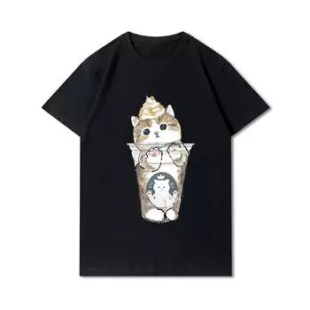 Женские футболки больших размеров с принтом кошки и акулы, хлопковые топы с круглым вырезом, летние повседневные черные футболки с животными большого размера S